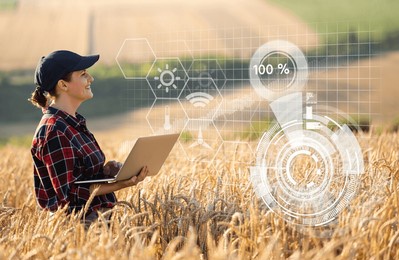 woman farmer working with laptop on wheat field. smart farming and digital agriculture..