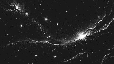 deep space scene background in stippling style with amazing huge nebula and glowing stars cluster in universe. retro styled dotwork. pointillism. noisy grainy shading using dots. vector illustration