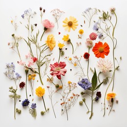 dry and fresh flower and leaf on a white background. text space available, flat lay design. close up photography.