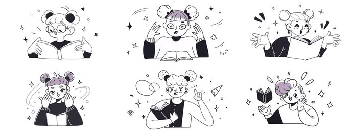 doodle illustration of children reading books with different expressions. monochrome colors. ideal for educational products, backgrounds, and decorative papers.