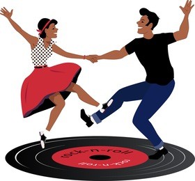 rockabilly couple dancing on a vinyl rock and roll  record