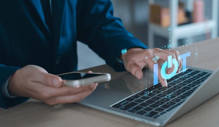 iot, internet of thing concept, business man touching iot internet of thing icon on virtual screen, connected internet network to access security, ai intelligence, business with iot communication