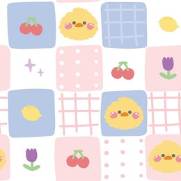 seamless pattern of cute face chicken with icon background.pastel.farm animal head character cartoon design.cherry,lemon,flower hand drawn.kawaii.vector.illustration.