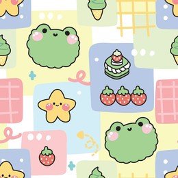 seamless pattern of cute face frog with icon on background.pastel.reptile animal head character cartoon design.cake,strawberry,star hand drawn.kawaii.vector.illustration.