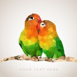 couple of parrots sitting on branch in low poly design style. love symbol. low-poly colorful style. romantic background for valentines day.