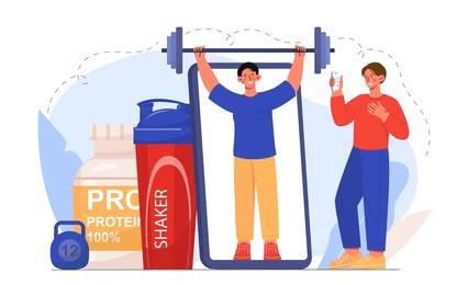 sports blog concept. man lifts barbell on smartphone screen. active lifestyle and sports. fitness and bodybuilding, powerlifting. content in social networks. flat vector illustration