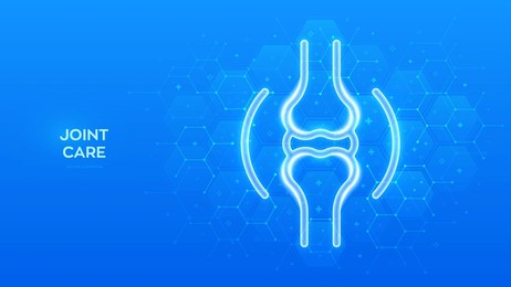 joint icon. joint health. joint pain, inflammation, damage, arthritis treatment. physiotherapy, diagnostics concept. molecular structure. blue medical background with hexagons. vector illustration.