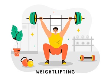 weightlifting sport vector illustration featuring an athlete lifting a heavy barbell with gym equipment and a bodybuilder training in flat background