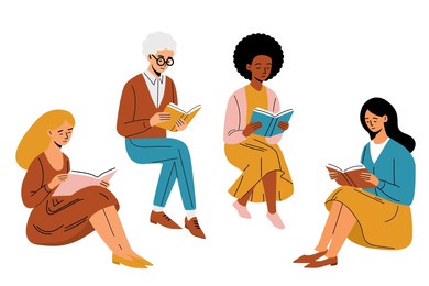 diverse group of people reading books