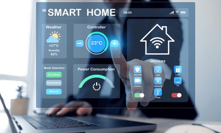 business person using digital dashboard of smart home app for control home appliances. technology assistant for smart devices,intelligent house or smart home technology.