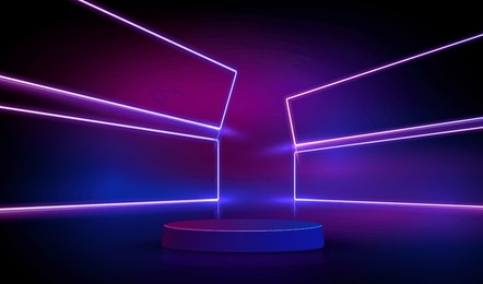 ai realistic podium with glowing neon lamps and light lines in futuristic gaming design. display scene game for presentation gamer. empty show room with 3d stage vector background.