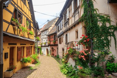 street with picturesque colorful half-timbered houses in the medieval village of eguisheim, alsace, france. village is ranked in the top 20 of les plus beaux villages de france. alsace wine route