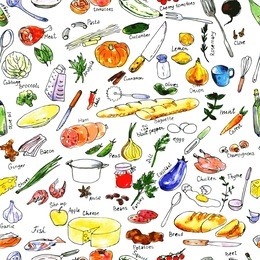 vector seamless pattern with foods, utensils and kitchen equipment drawing by watercolor, hand drawn  illustration
