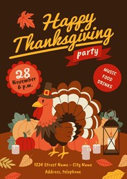 thanksgiving day poster. happy family dinner invitation, turkey in pilgrims hat, harvest festival, autumn celebrate, holiday party celebration, cartoon flat isolated illustration, tidy vector concept
