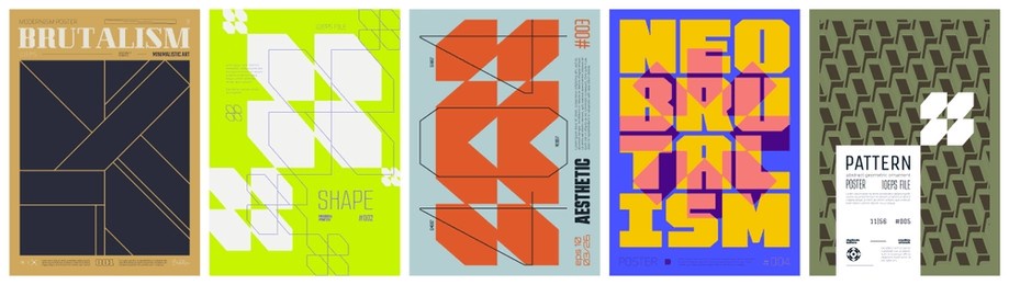set modern art colorful trendy poster, abstract geometric a4 composition graphic in y2k aesthetics, vector simple shapes rave print artwork modernism and minimalistic brutalism style, mix set 2