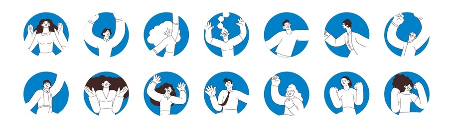 collection of badges. happy business employee females and males in circle shapes on colorful background. black and white modern flat vector illustration. social media concept.