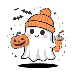 vector illustration t-shirt design halloween ghost and pumpkin with flying bats isolated on white background