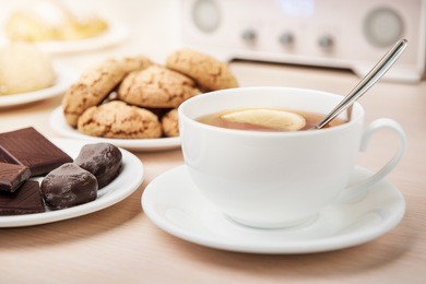 breakfast. tea, chocolate and cookies.