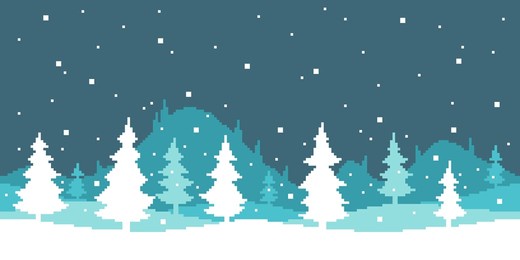 colorful pixel art flat simple vector illustration of cartoon winter vibe landscape of fir trees, snowfall, hills and mountains. 8bit retro video game style. seamless horizontal background.