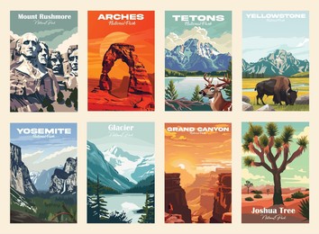 vector illustration. vintage national park posters, national park art prints nature wall art and mountain print set abstract travel for hikers campers living room decor.