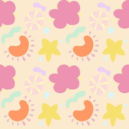 a colorful and playful pattern featuring flowers, abstract shapes, and circular designs in pastel colors. the background is light cream, with pink, yellow, orange, and green elements.