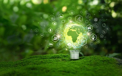 green business sustainable innovation and green technology concept. a light bulb on green moss has icons about sustainability around it, eco-friendly practices, global impact. environmental friendly.