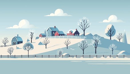 a serene winter landscape showcasing a peaceful countryside with snow-covered houses, trees, and a barn, offering a picturesque view of rural tranquility.