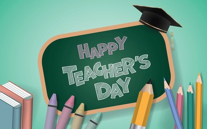 teacher's day banner. happy teacher's day letters are written on the blackboard with school supplies such as crayons, pencils, and books. vector illustration