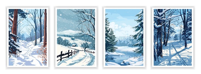 flat winter wonderland illustration: snowy landscape with snow drifts and clear blue skies. perfect for posters, covers, brochures, and flyers