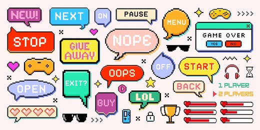 pixel speech bubble, dialogue box, retro game icon and flash message frame collection for mobile app or computer video game technology. 8 bit pixel game element or symbol. cyberspace online gaming art