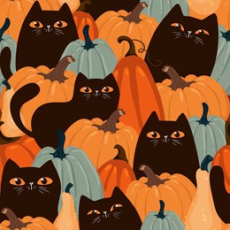 halloween background seamless pattern with black cats and pumpkins, cute kawaii black cat character, for fabric, wrapping paper, wallpaper and other