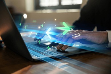 sync, business woman working with  transfer arrows icon on laptop, migration data, data synchronize concept.