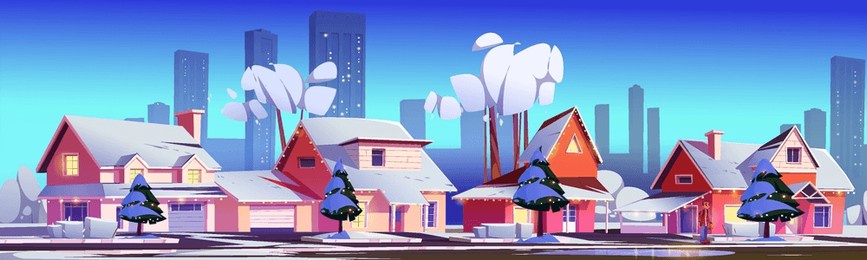suburb town street on christmas eve. vector cartoon illustration of village district against modern cityscape background in winter, houses decorated with garland lights, snow on trees and bushes