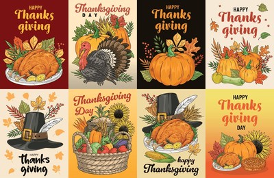thanksgiving holiday colorful set posters with live and roasted turkey near pumpkins for making classic pie vector illustration