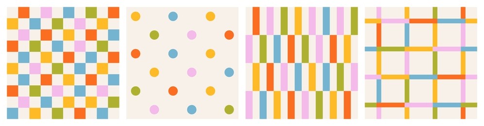 set of seamless  colorful patterns of multicolored checkered lines and confetti, polka dots, checkerboard, striped pattern on a light background, flat style