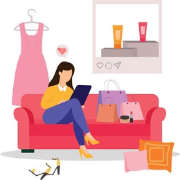 woman on couch doing online shopping illustration
