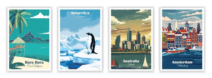 set of 4 vintage travel poster. vector illustration. amsterdam, netherlands, antarctica, australia, perth, bora bora, french polynesia