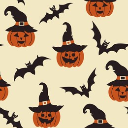 halloween seamless pattern. vector illustration of halloween party. bats and pumpkin in a witch hat on a light background. holiday cartoon seamless pattern.