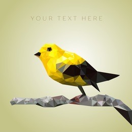 yellow bird sitting on branch in low poly design style. 