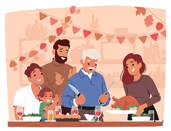 cheerful family gathered around table celebrating thanksgiving with a turkey dinner. cartoon vector scene includes happy faces, festive decorations, and a warm atmosphere of togetherness and gratitude