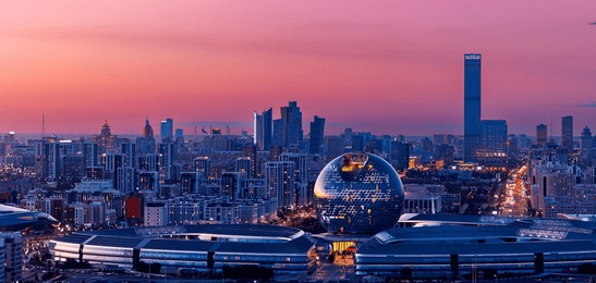 astana, kazakhstan panorama night city nur-sultan aerial top view.
