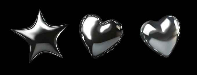 shiny futuristic metallic balloons featuring one star and two hearts, rendered in a sleek, reflective silver finish against a black background. 3d chrome y2k shape set, silver liquid star. vector