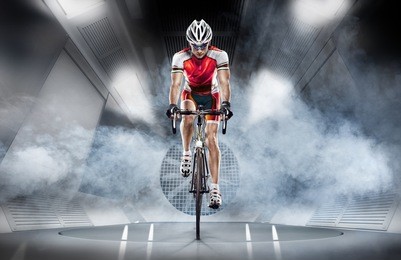 sport. cyclist has a traning in the wind tunnel 