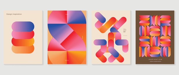 collection of 70s color gradient poster background vector. set of retro wall decoration, groovy, trippy, geometric shape. vintage hippie wall art for interior, decorative, banner, cover, card.