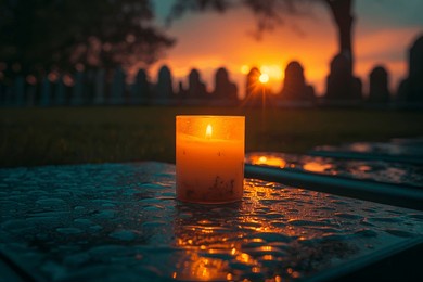 a single, melting candle placed on a cemetery stone, set against the backdrop of a vibrant sunset