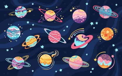 planets fantasy for children art. abstract galaxy planets in flat cartoon design set. fantastic cosmos, celestial space spheres planet for game. vector design isolated illustration on dark background