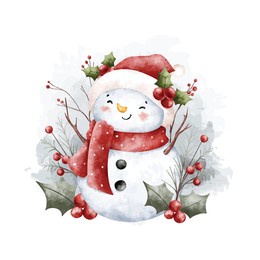 watercolor illustration snowman and christmas decoration