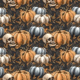 black, white, orange pumpkin with autumn leaves, berries, branches and human skull. watercolor seamless pattern on gray background. for decor, cards, day of the dead, halloween, packaging, fabric