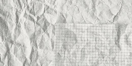 black dusty textured background, sheets of crumpled checkered, dotted, craft paper. noisy gritty dot halftone effect, vintage banner in grunge style, overlay. torn out notebook pages.