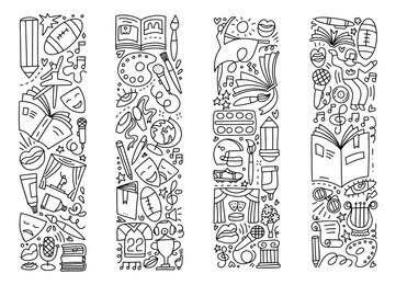 fine art and culture doodle set. creative hobby outline isolated symbols bundle. theater, music, pottery classes, reading, singing signs. back to school concept. linear hand drawn vector illustration.